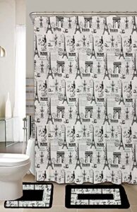 empire home paris 15-piece black & gray eiffel tower bathroom accessories set rugs shower curtain & matching rings