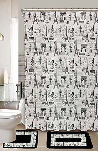 EMPIRE Home Paris 15-Piece Black & Gray Eiffel Tower Bathroom Accessories Set Rugs Shower Curtain & Matching Rings