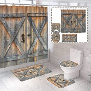 4 piece rustic barn door shower curtains sets with non-slip rugs, toilet lid cover and bath mat, bathroom sets with shower curtain and rugs and accessories