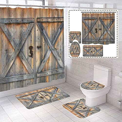 4 Piece Rustic Barn Door Shower Curtains Sets with Non-Slip Rugs, Toilet Lid Cover and Bath Mat, Bathroom Sets with Shower Curtain and Rugs and Accessories