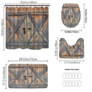 4 Piece Rustic Barn Door Shower Curtains Sets with Non-Slip Rugs, Toilet Lid Cover and Bath Mat, Bathroom Sets with Shower Curtain and Rugs and Accessories