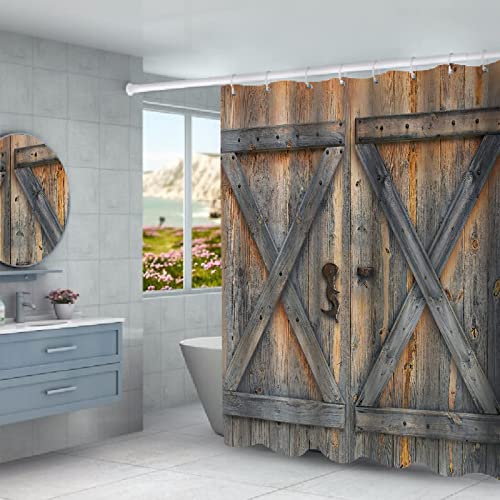 4 Piece Rustic Barn Door Shower Curtains Sets with Non-Slip Rugs, Toilet Lid Cover and Bath Mat, Bathroom Sets with Shower Curtain and Rugs and Accessories