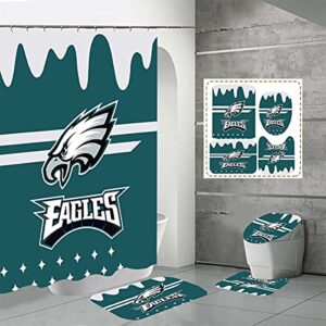 deerno 4 pcs shower curtain set with toilet lid cover mat,non-slip rug,bath mat and waterproof shower curtains with hooks,american sports football bathroom decoration,machine washable