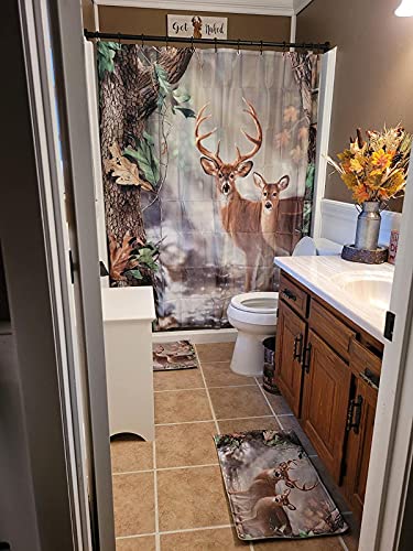 JAWO Deer Themed Shower Curtain, White-Tailed Deer in The Foggy Forest, Polyester Fabric Bath Curtains Set with Bath Mat 69W X 70L Inches