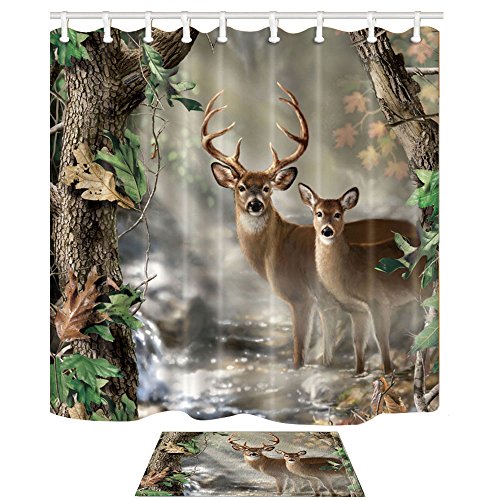 JAWO Deer Themed Shower Curtain, White-Tailed Deer in The Foggy Forest, Polyester Fabric Bath Curtains Set with Bath Mat 69W X 70L Inches