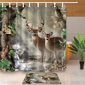 JAWO Deer Themed Shower Curtain, White-Tailed Deer in The Foggy Forest, Polyester Fabric Bath Curtains Set with Bath Mat 69W X 70L Inches