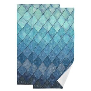 zoeo mermaid face towel set of 2, ocean blue teal mermaid fish scales geometric rhombus hand towel dish towels cotton bath decor set for kids 30x15 inch gym yoga towels for mothers day