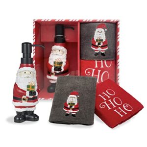3-piece bathroom accessory set | christmas decor | resin soap pump | 2 embroidered hand towels | 3 designs | box set | great gift | for bathroom, kitchen, any countertop | (gifting santa)