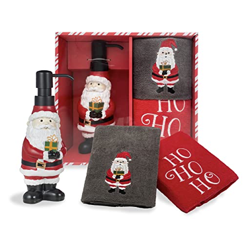 3-Piece Bathroom Accessory Set | Christmas Decor | Resin Soap Pump | 2 Embroidered Hand Towels | 3 Designs | Box Set | Great Gift | for Bathroom, Kitchen, Any Countertop | (Gifting Santa)