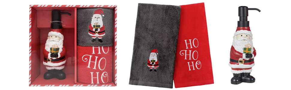 3-Piece Bathroom Accessory Set | Christmas Decor | Resin Soap Pump | 2 Embroidered Hand Towels | 3 Designs | Box Set | Great Gift | for Bathroom, Kitchen, Any Countertop | (Gifting Santa)