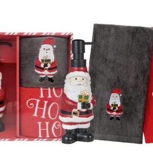 3-Piece Bathroom Accessory Set | Christmas Decor | Resin Soap Pump | 2 Embroidered Hand Towels | 3 Designs | Box Set | Great Gift | for Bathroom, Kitchen, Any Countertop | (Gifting Santa)