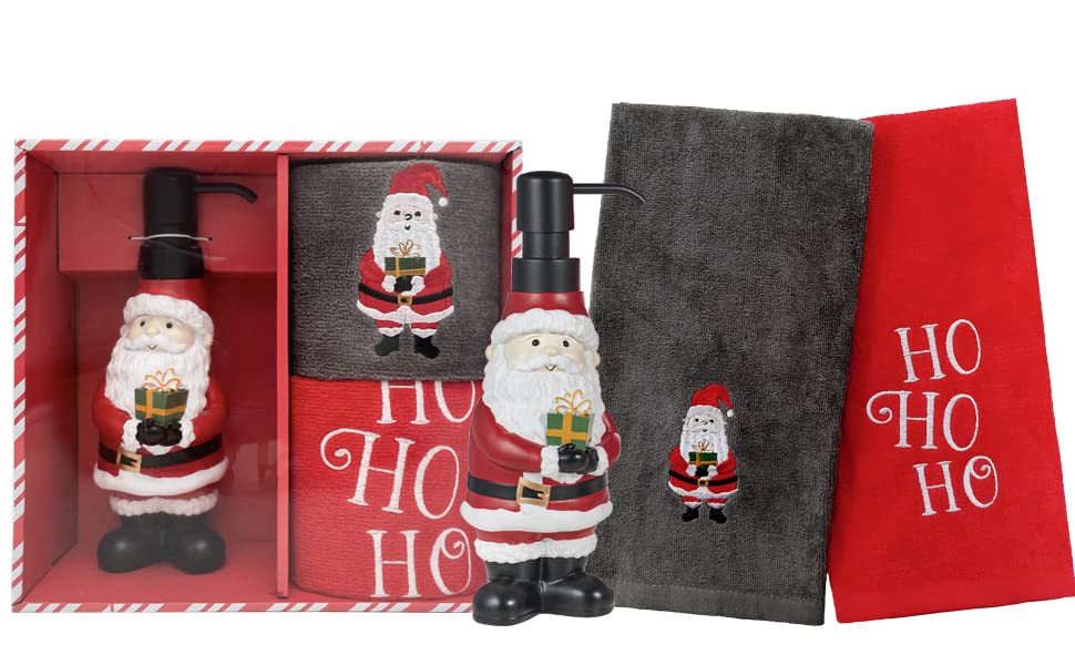 3-Piece Bathroom Accessory Set | Christmas Decor | Resin Soap Pump | 2 Embroidered Hand Towels | 3 Designs | Box Set | Great Gift | for Bathroom, Kitchen, Any Countertop | (Gifting Santa)