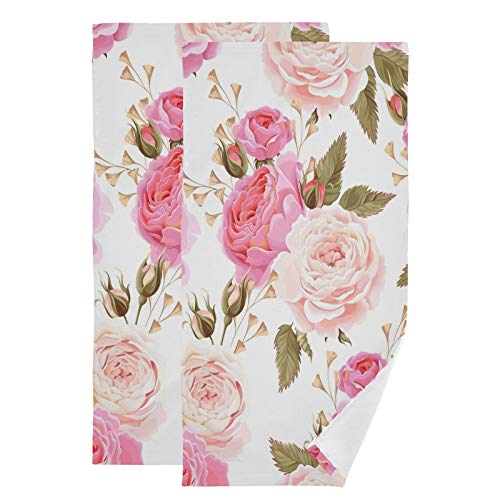 susiyo Beautiful Floral Pink Roses Hand Towels Set of 2 Luxury Print Decorative Bathroom Towels Super Soft Highly Absorbent Multipurpose Towels for Yoga Gym Spa Hotel Bathroom Kitchen 28x14 Inch