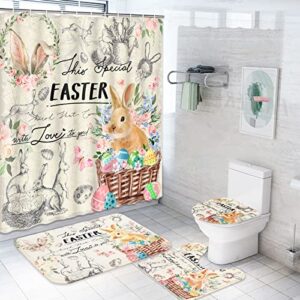 4 pcs easter shower curtain sets with non-slip rugs, toilet lid cover, bath mat and 12 hooks, pink rose bunny rabbit and easter eggs spring shower curtains for easter day bathroom decoration