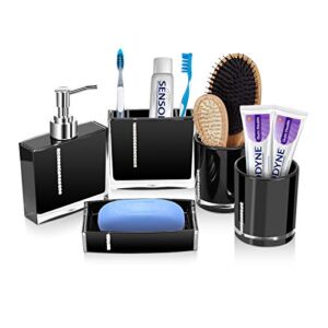 5 pcs bathroom accessories set, bathroom soap dispenser set contain emulsion bottle, tooth brush holder, soap dish, 2pcs gargle cup (black)
