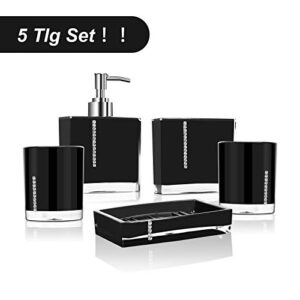 5 Pcs Bathroom Accessories Set, Bathroom Soap Dispenser Set Contain Emulsion Bottle, Tooth Brush Holder, Soap Dish, 2pcs Gargle Cup (Black)