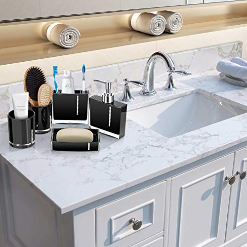 5 Pcs Bathroom Accessories Set, Bathroom Soap Dispenser Set Contain Emulsion Bottle, Tooth Brush Holder, Soap Dish, 2pcs Gargle Cup (Black)