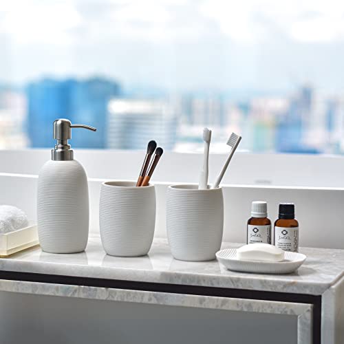 Lilyang White Ceramic Bathroom Accessories Set, 4 Pcs Bathroom Accessory Set with Soap Dispenser, 2 Bathroom Tumblers and Soap Dish, Premium Accesorios para Baño for Bathroom Decor