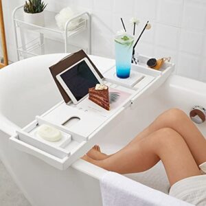 SDGH Extendable Bath Tub Caddy Wooden Bathtub Bridge Shelf Organizer Tray with Book Stand for Home Hotel Spa Salon