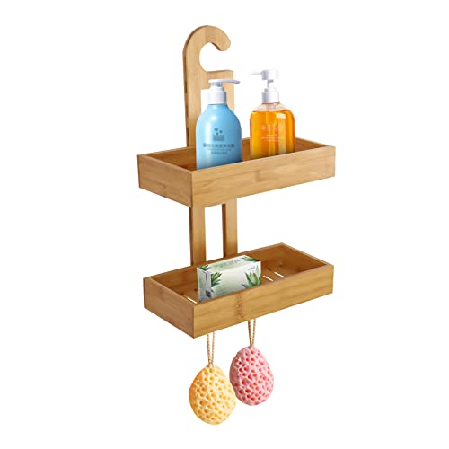 Mgorgeous Bamboo Hanging Shower Caddy, Natural & Waterproof Bamboo Shower Rack w/ 2 Storage Baskets & 2 Hanging Hooks, 2-Tier Bathroom Shower Organizer Holder for Shampoo, Conditioner, Soap