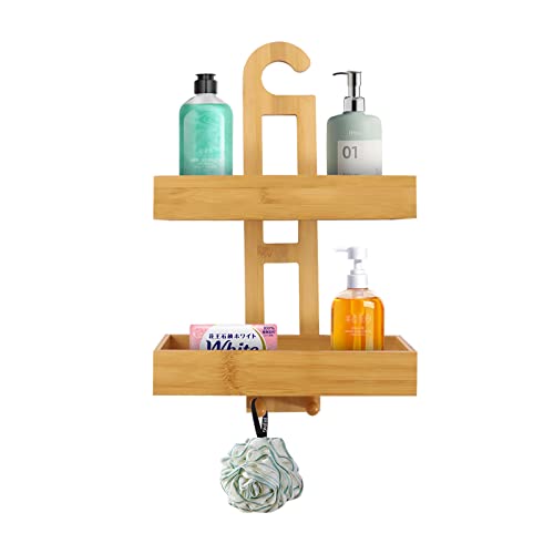 Mgorgeous Bamboo Hanging Shower Caddy, Natural & Waterproof Bamboo Shower Rack w/ 2 Storage Baskets & 2 Hanging Hooks, 2-Tier Bathroom Shower Organizer Holder for Shampoo, Conditioner, Soap