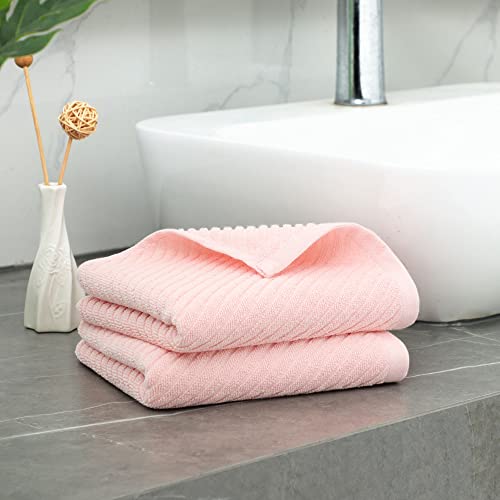 PiccoCasa Set of 2, Pink Ribbed Hand Towels for Bathroom 13 x 29 Inch 100% Cotton Soft Absorbent Soft Feeling Fast Drying Towels Hotel Spa Towel Face Towel