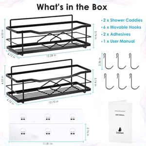 Doimeri 2 Pack with 6 Hooks, Self-Adhesive Shower Caddy Bathroom Shelf, No Drilling Premium Stainless Steel Shower Rack for Inside Shower Storage Organizer （Matte Black）