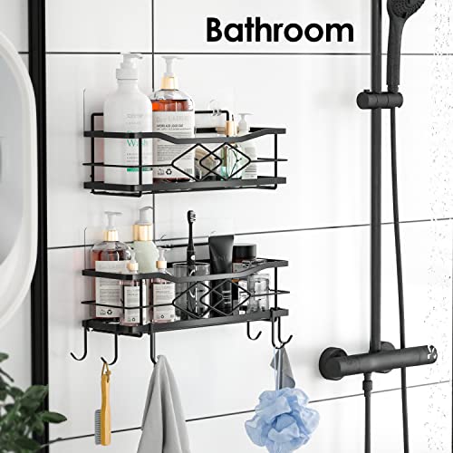 Doimeri 2 Pack with 6 Hooks, Self-Adhesive Shower Caddy Bathroom Shelf, No Drilling Premium Stainless Steel Shower Rack for Inside Shower Storage Organizer （Matte Black）