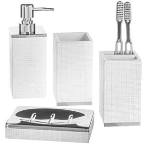 creative scents white bathroom accessories set - 4 piece bathroom set with silver base - decorative bathroom accessory set includes: soap dispenser, toothbrush holder, soap dish and tumbler (estella)