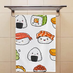 Hand Towel Hand Drawn Cute Japanese Sushi Face Towel Set of 2 Fingertip Towel Kitchen Tea Bar Dish Cloths Absorbent Dry Shower Towel