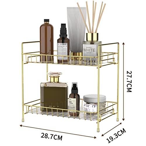 2 Tier Bathroom Organizer Countertop with Transparent Liner, Perfume Tray Vanity Makeup Organizers and Storage or Kitchen Spice Rack Corner Countertop Shelf Cosmetic Holder -Gold