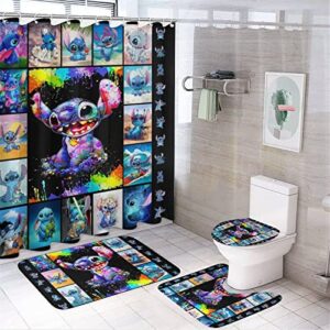 4 Piece Cartoon Shower Curtain Sets with Non-Slip Rug, Toilet Lid Cover, Bath Mat and 12 Hooks, Waterproof Shower Curtains with Rug Set for Bathroom Decor