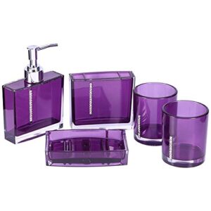 bathroom accessories set, 5 piece acrylic bath accessory bathroom supplies set includes emulsion bottle, tooth brush holder, soap dish, 2 gargle cup for countertop and housewarming gift, purple