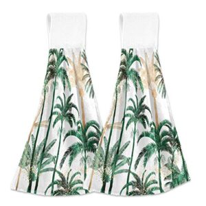 green gold palm trees seamless on white 2 pcs hanging kitchen hand towels, hanging tie towels with hook & loop dishcloths sets, decorative absorbent tea bar bath hand towel