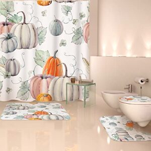 willbond 4 pcs fall shower curtain sets with rugs thanksgiving watercolor pumpkin set non slip toilet lid cover and bath mat 72 x inches hooks for bathroom