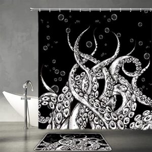 tfggndf 2 piece octopus shower curtain sets with bath mat,white octopus tentacles black background ocean kraken 70"x 70" bathroom curatin with 12 hooks and bath rugs