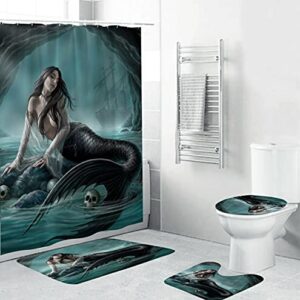 StarBlue-HGS 4PC Ocean Mermaid Waterproof Shower Curtain Set with Non-Slip Rugs, Toilet Lid Cover and Bath Mat Accessories with Hook Bathroom Decor