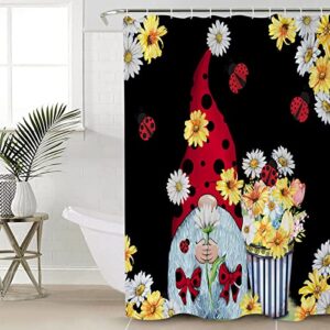 Ladybug Gnome 4 Piece Shower Curtain Sets with Non-Slip Rugs, Toilet Lid Cover and Bath Mat, Spring Summer Daisy Flower American Country Style Shower Curtain with 12 Hooks, Durable and Waterproof