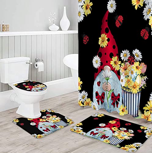 Ladybug Gnome 4 Piece Shower Curtain Sets with Non-Slip Rugs, Toilet Lid Cover and Bath Mat, Spring Summer Daisy Flower American Country Style Shower Curtain with 12 Hooks, Durable and Waterproof