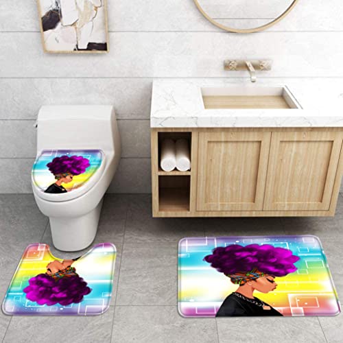 Black African Girl Bathroom Sets with Shower Curtain and Rugs, African American Shower Curtains Set for Bathroom, Shower Curtain Set with Hooks and Toilet Lid Cover(Violet)