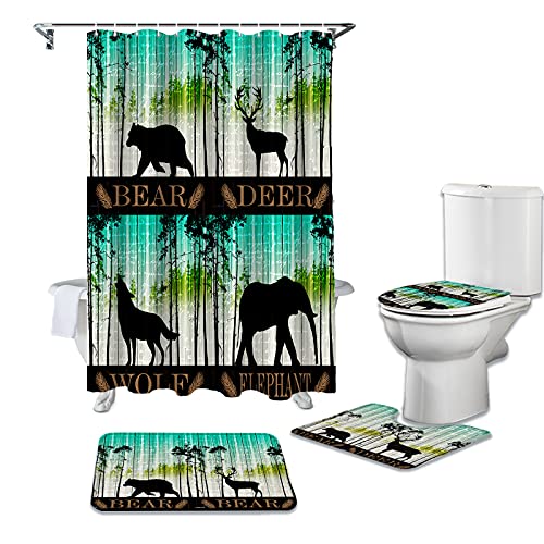 4 Pcs Shower Curtain Sets with Rugs Plant Turquoise Gradient Non-Slip Soft Toilet Lid Cover for Bathroom Forest Animals Bear Deer Wolf Elephant Bathroom Sets with Bath Mat and 12 Hooks