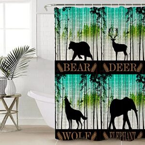 4 Pcs Shower Curtain Sets with Rugs Plant Turquoise Gradient Non-Slip Soft Toilet Lid Cover for Bathroom Forest Animals Bear Deer Wolf Elephant Bathroom Sets with Bath Mat and 12 Hooks