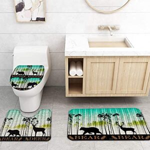 4 Pcs Shower Curtain Sets with Rugs Plant Turquoise Gradient Non-Slip Soft Toilet Lid Cover for Bathroom Forest Animals Bear Deer Wolf Elephant Bathroom Sets with Bath Mat and 12 Hooks