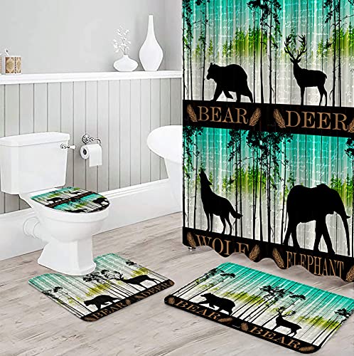 4 Pcs Shower Curtain Sets with Rugs Plant Turquoise Gradient Non-Slip Soft Toilet Lid Cover for Bathroom Forest Animals Bear Deer Wolf Elephant Bathroom Sets with Bath Mat and 12 Hooks