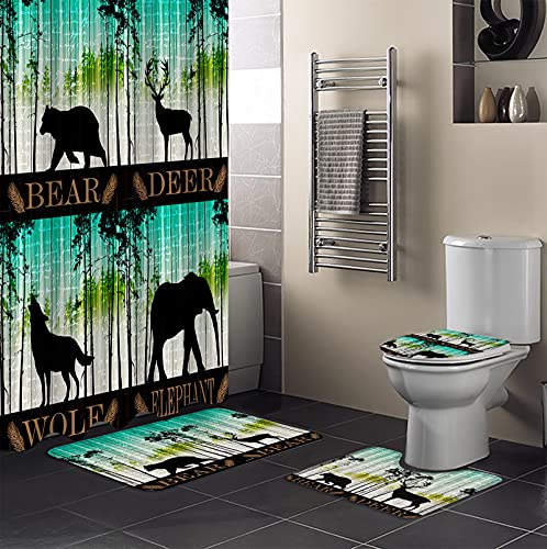 4 Pcs Shower Curtain Sets with Rugs Plant Turquoise Gradient Non-Slip Soft Toilet Lid Cover for Bathroom Forest Animals Bear Deer Wolf Elephant Bathroom Sets with Bath Mat and 12 Hooks