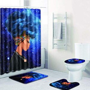 EVERMARKET Creative Colorful Printing Toilet Pad Cover Bath Mat Shower Curtain Set for Bathroom Decor,4 Pcs Set - 1 Shower Curtain & 3 Toilet Mat and Lid Cover (African Woman Blue Hair Galaxy)