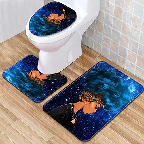 EVERMARKET Creative Colorful Printing Toilet Pad Cover Bath Mat Shower Curtain Set for Bathroom Decor,4 Pcs Set - 1 Shower Curtain & 3 Toilet Mat and Lid Cover (African Woman Blue Hair Galaxy)