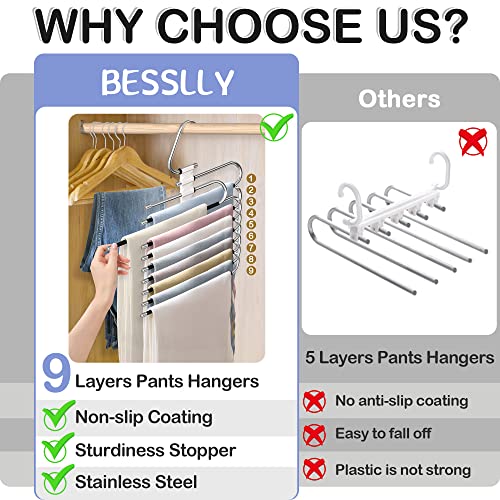 2 Pack Upgrade 9 Layers Pants Hangers Space Saving + 24 Pack Pants Hangers with Clips Adjustable Skirt Hangers for Women Closet Organizer College Dorm Room Essentials
