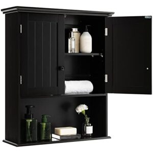 costway wall mounted bathroom cabinet, over the toilet storage cabinet w/double doors & adjustable shelf, wood hanging medicine cabinet for living room, entryway, kitchen (black)