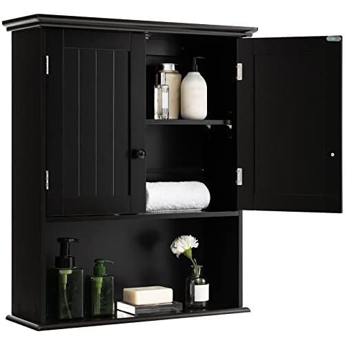 COSTWAY Wall Mounted Bathroom Cabinet, Over The Toilet Storage Cabinet w/Double Doors & Adjustable Shelf, Wood Hanging Medicine Cabinet for Living Room, Entryway, Kitchen (Black)